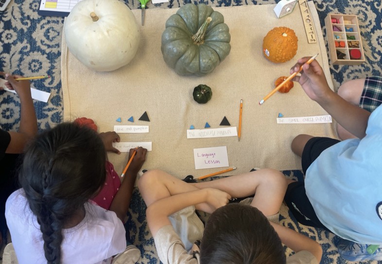 Students working on a language lesson with pumpkins